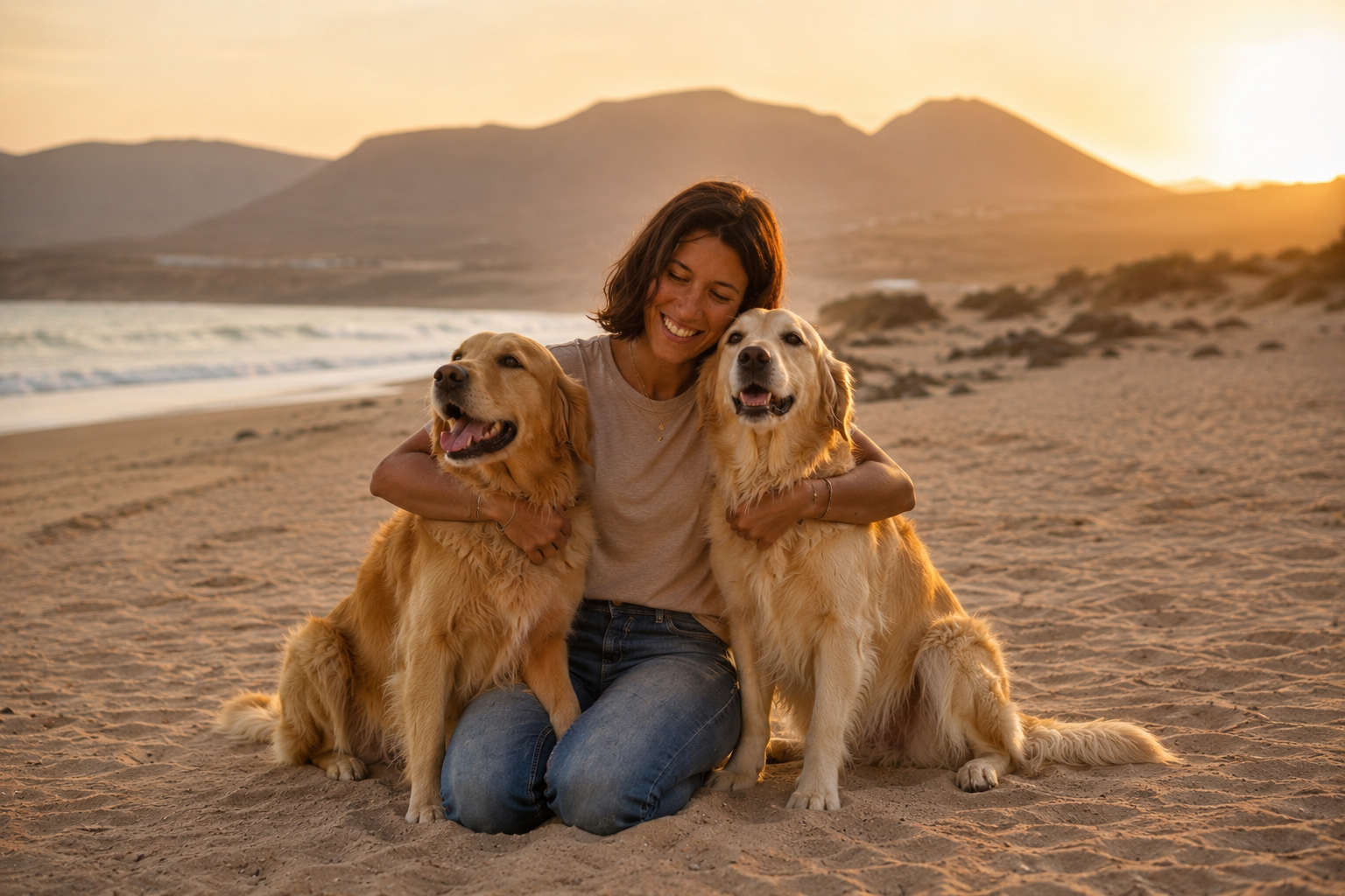 Chiara abrazando a sus dos perros golden retriever en una playa de Fuerteventura al atardecer
