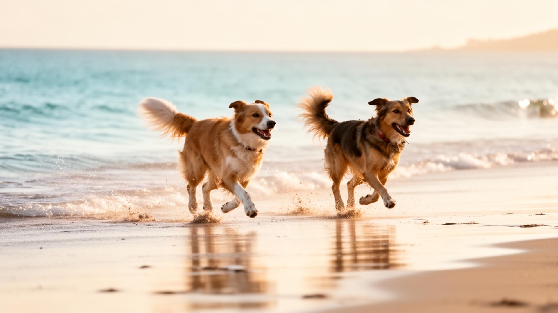 Dos perros corriendo libres en la orilla de Fuerteventura
