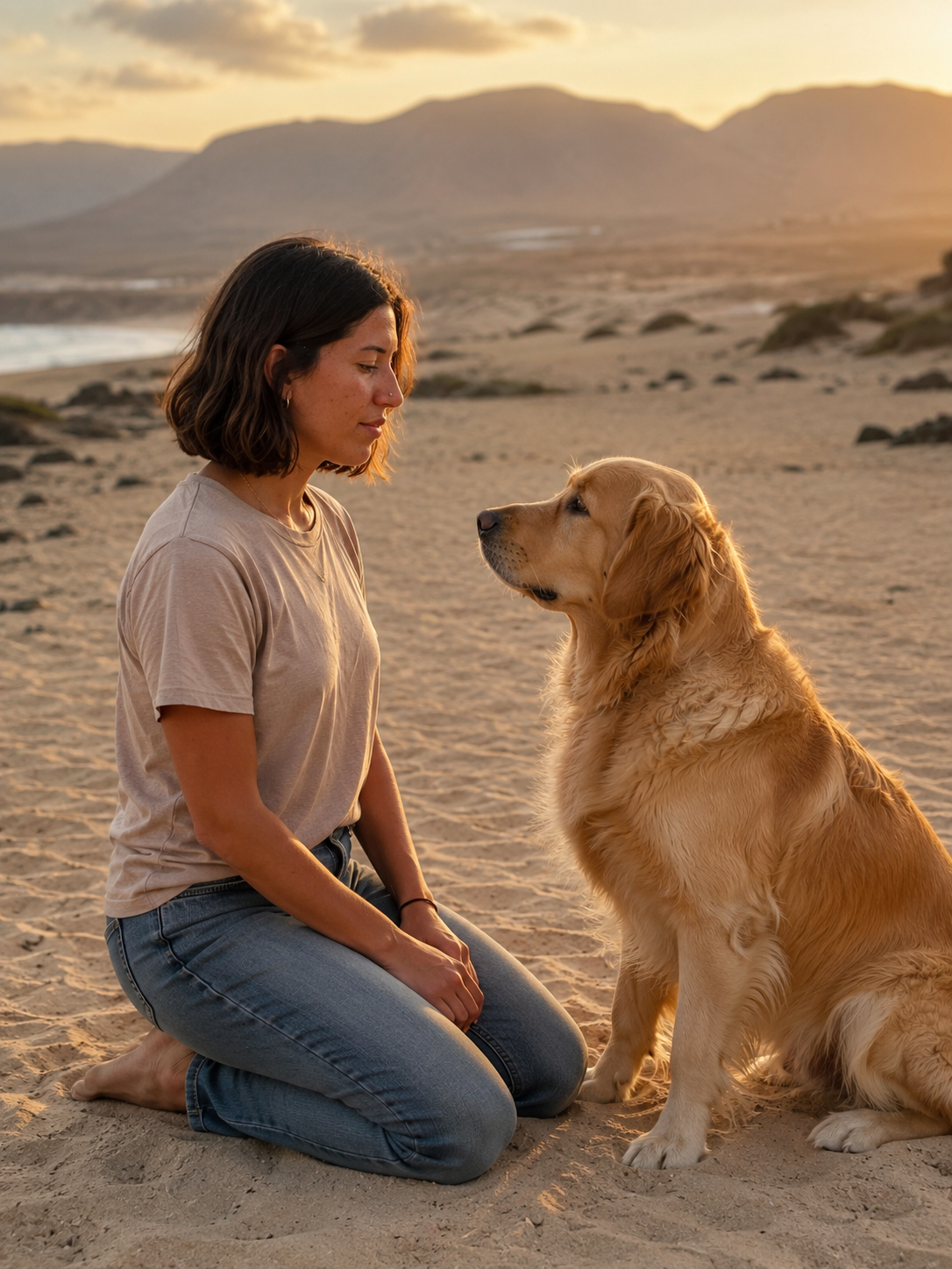 Chiara, educadora canina, en conexión silenciosa con un perro en las dunas